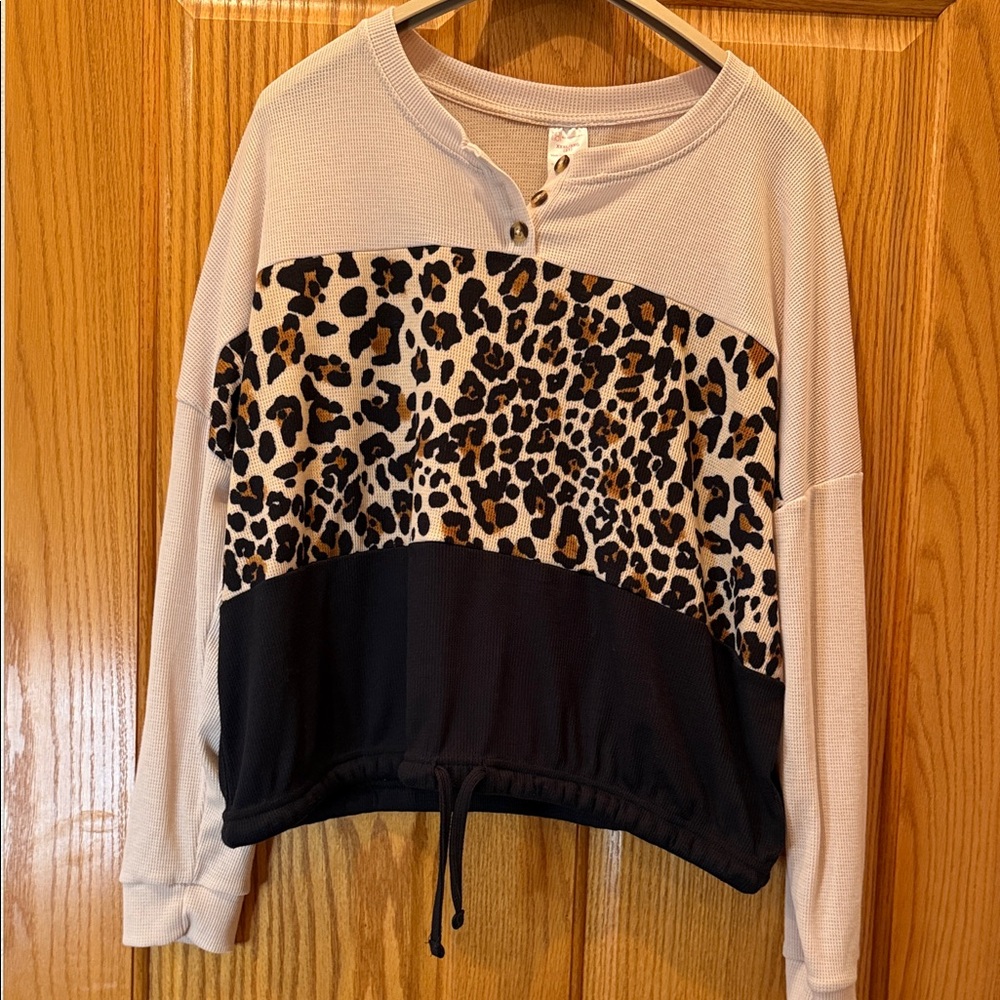 Leopard Print Colorblock Henley Sweater